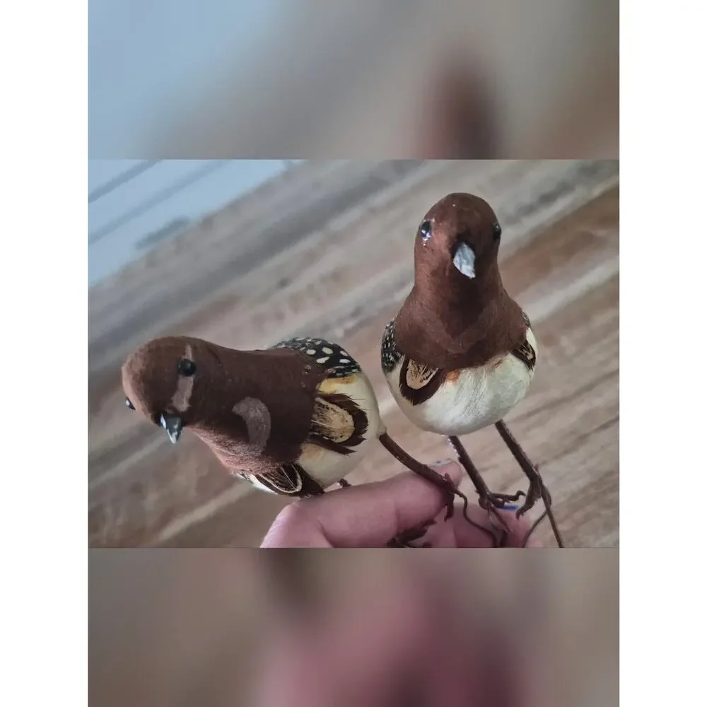 Set of 2 Decorative Brown & Cream Artificial Bird Figurines - Rustic Home Decor